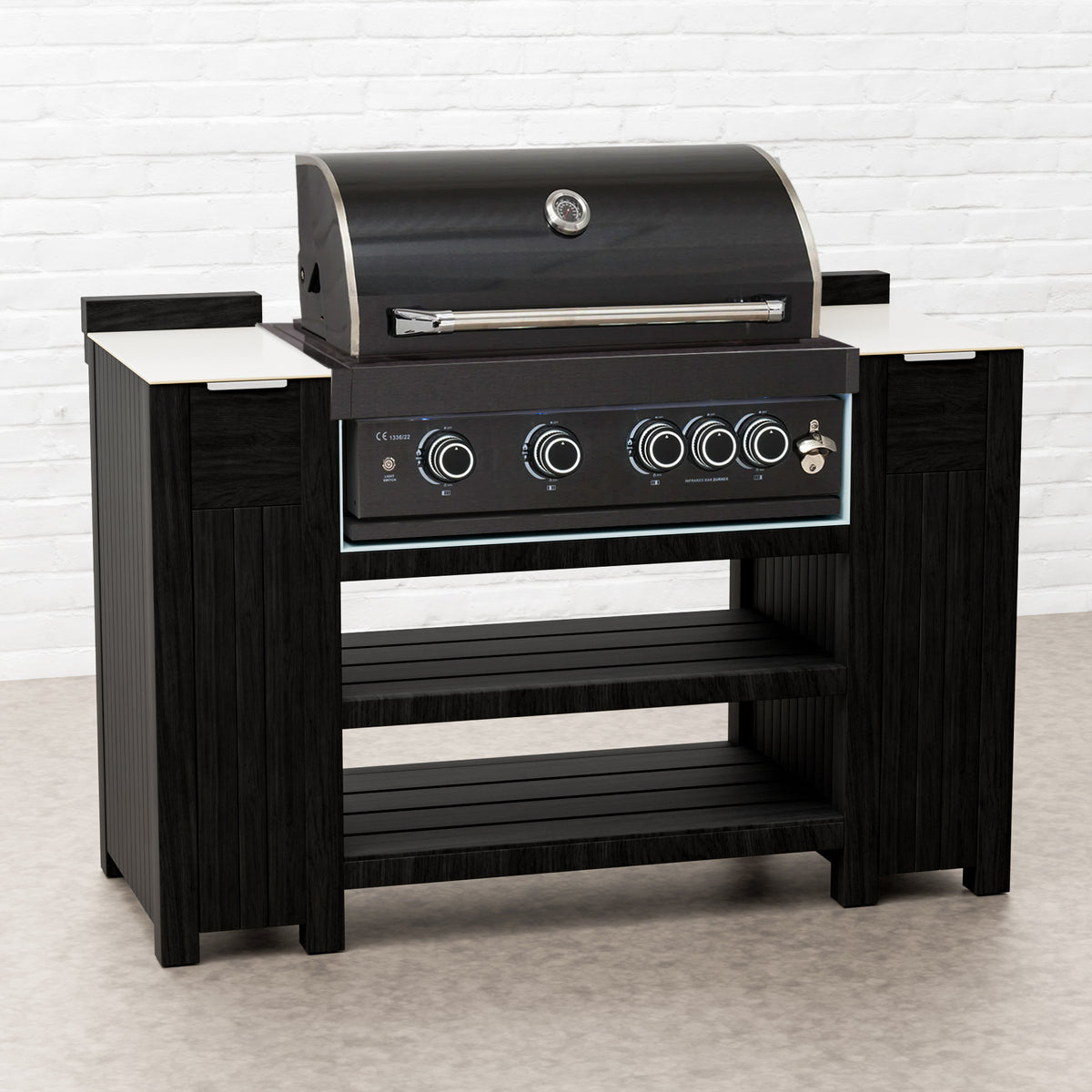 Draco Grills Teak Carbon Line Modular Outdoor Kitchen 4 Burner Black Stainless Steel Barbecue with Single Fridge and Sink Cabinet