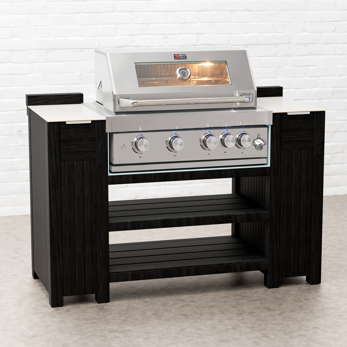 Draco Grills Teak Carbon Line 4 Burner Stainless Steel BBQ Cabinet with Ceramic Top
