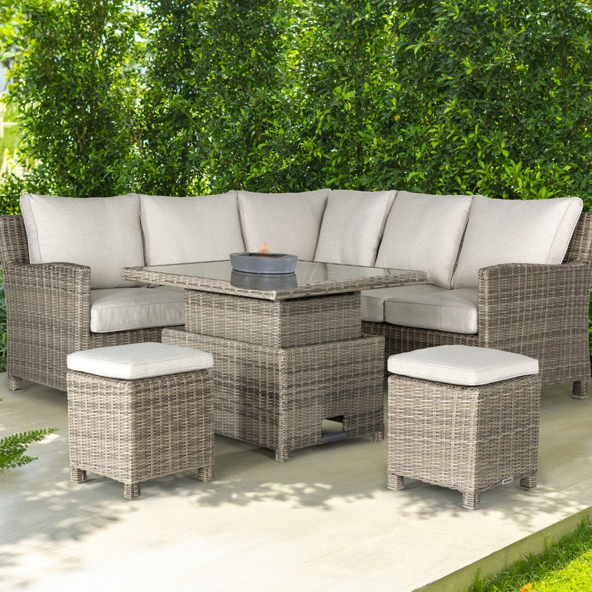 Kettler Palma Signature Mini Corner Oyster Wicker Outdoor Sofa Set with High Low Glass Top Table