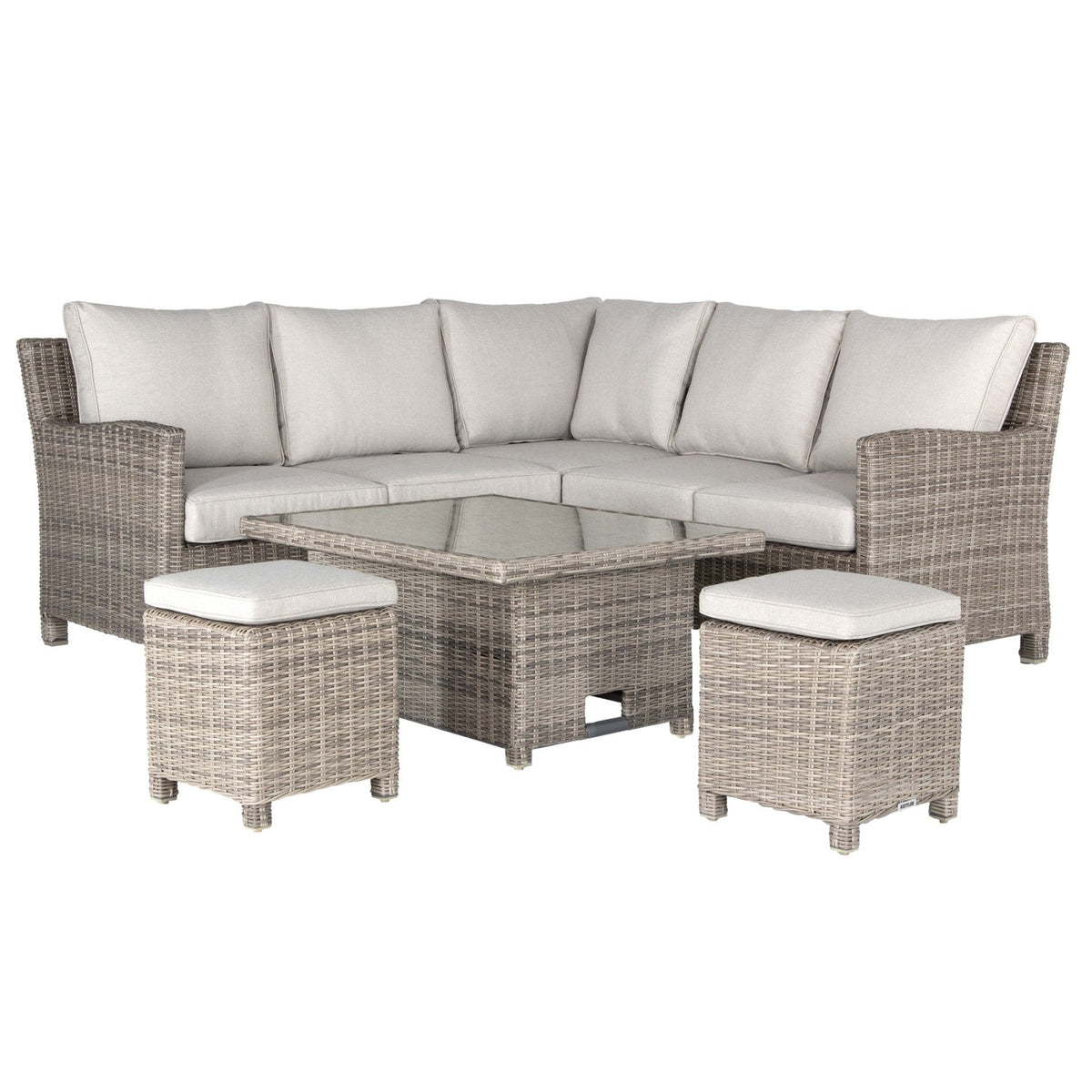 Kettler Palma Signature Mini Corner Oyster Wicker Outdoor Sofa Set with High Low Glass Top Table