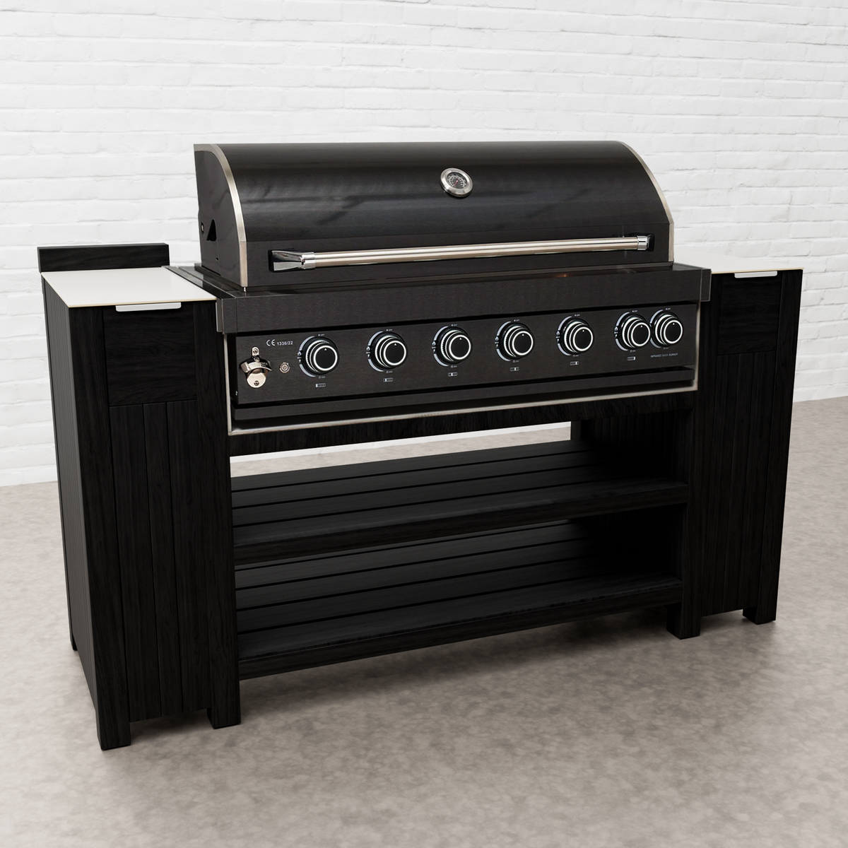 Draco Grills Teak Carbon Line Modular Outdoor Kitchen 6 Burner Black Stainless Steel Barbecue with Double Fridge, Sink and Cupboard