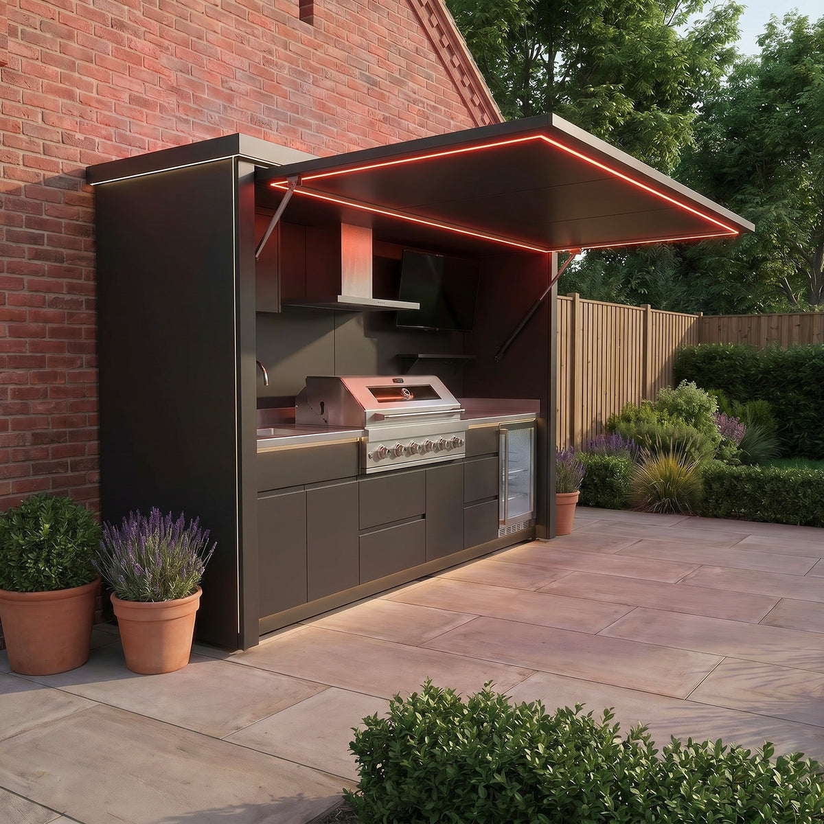 Draco Grills Outdoor Kitchen Garden Pod with 6 Burner Stainless Steel Barbecue, Sink and Fridge