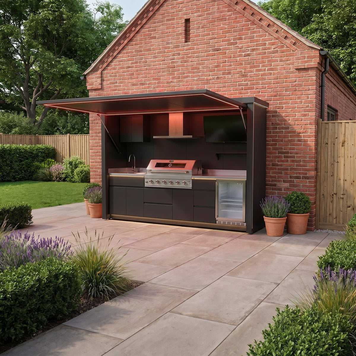 Draco Grills Outdoor Kitchen Garden Pod with 6 Burner Stainless Steel Barbecue, Sink and Fridge