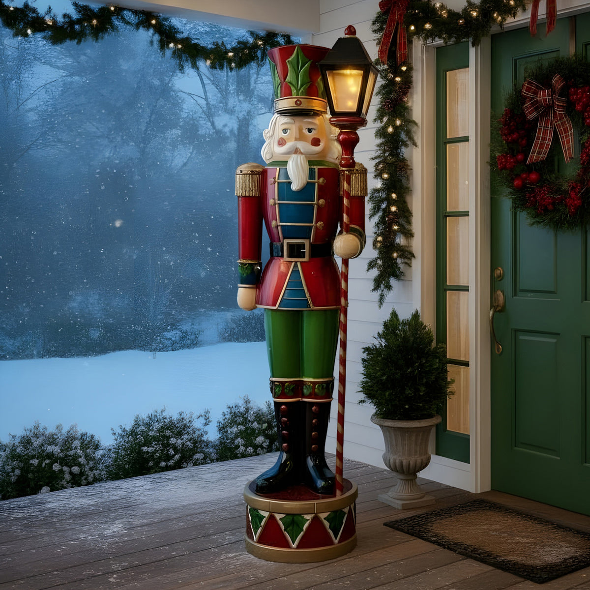 6ft Traditional Christmas Holly Nutcracker Soldier with LED Light Up Lantern