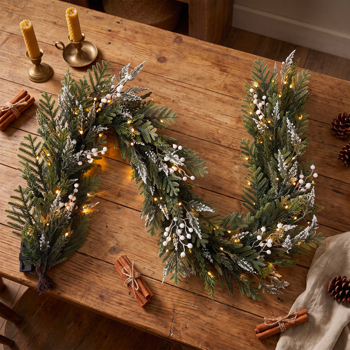 The Christmas Centre Frosted Pine 6ft (180cm) Prelit Christmas Garland with Warm White Battery Operated LED Lights