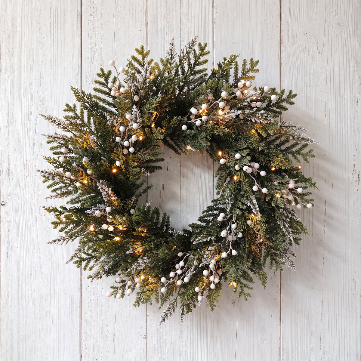 The Christmas Centre Frosted Pine 26in (66cm) Prelit Christmas Wreath with Warm White Battery Operated LED Lights