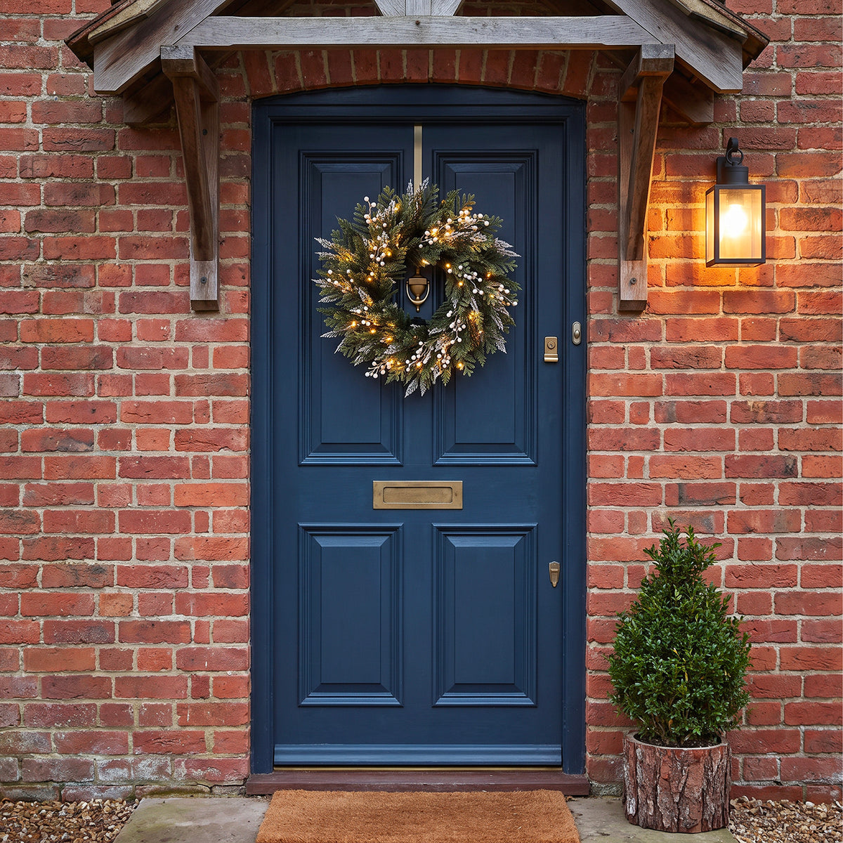 The Christmas Centre Frosted Pine 26in (66cm) Prelit Christmas Wreath with Warm White Battery Operated LED Lights