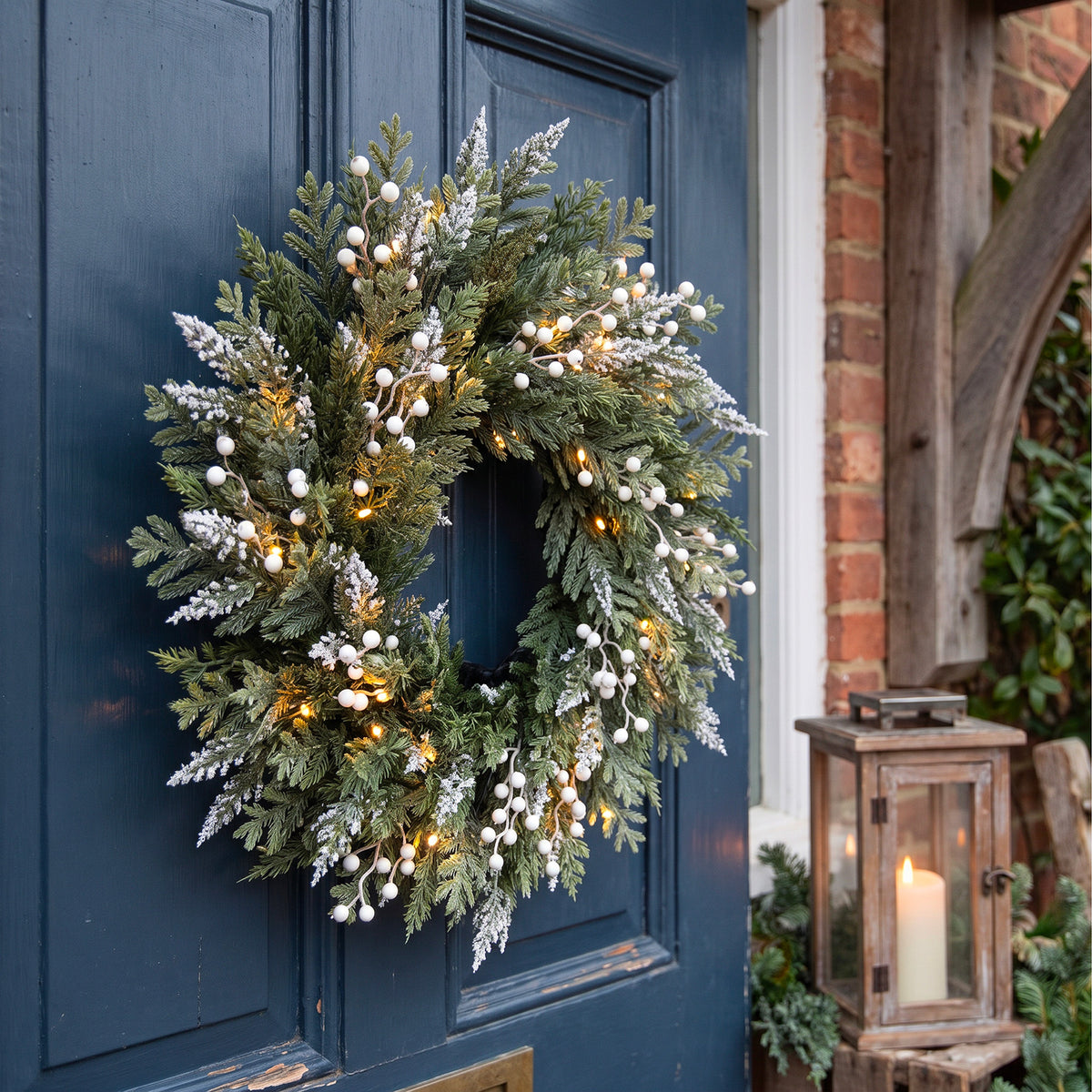 The Christmas Centre Frosted Pine 26in (66cm) Prelit Christmas Wreath with Warm White Battery Operated LED Lights