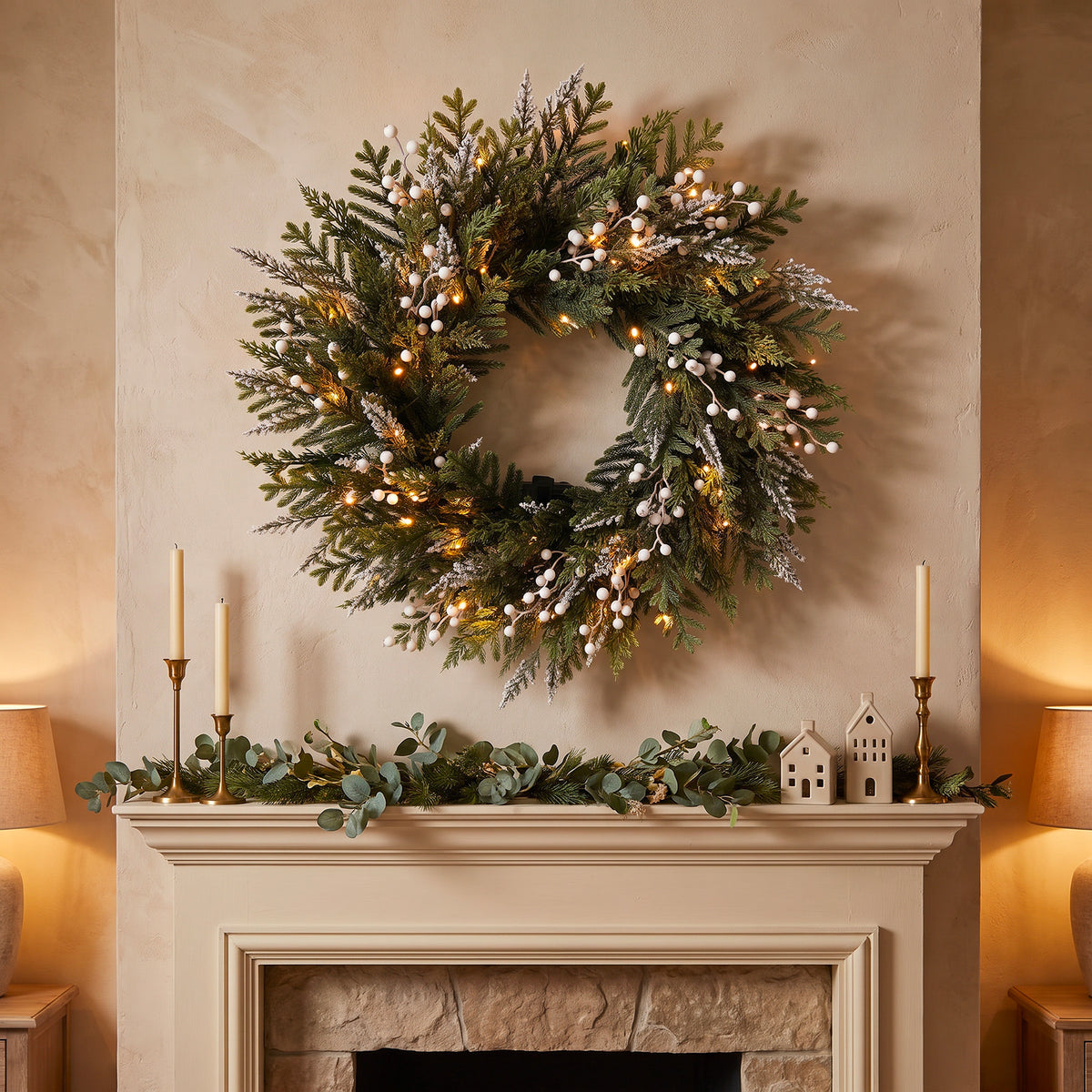 The Christmas Centre Frosted Pine 26in (66cm) Prelit Christmas Wreath with Warm White Battery Operated LED Lights