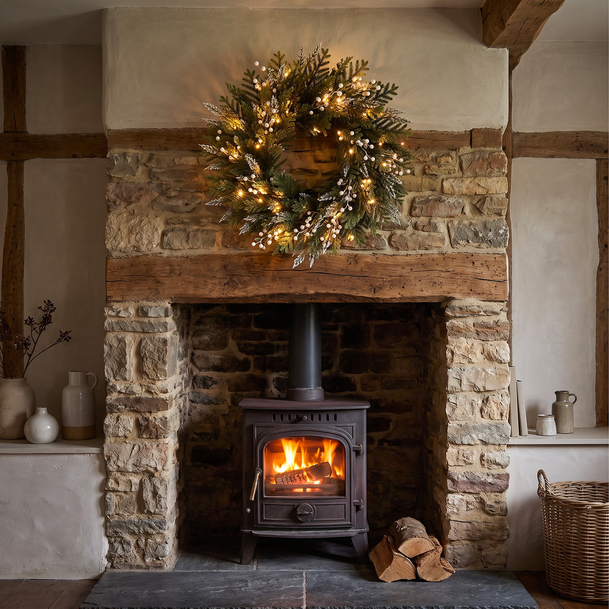 The Christmas Centre Frosted Pine 26in (66cm) Prelit Christmas Wreath with Warm White Battery Operated LED Lights