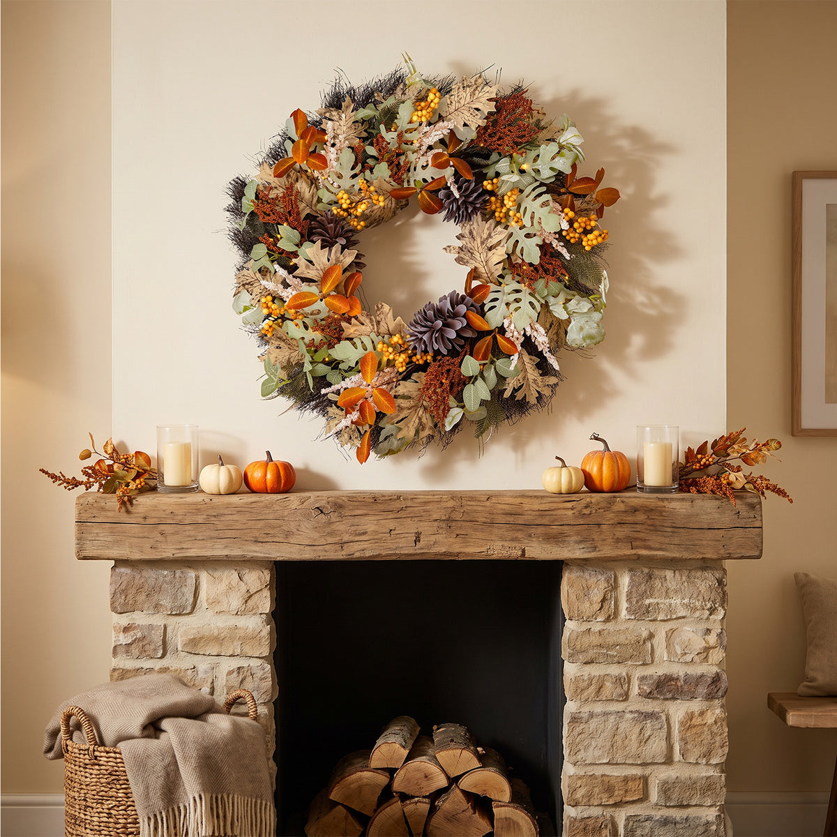 The Christmas Centre 26" Prelit Harvest Autumn Wreath with Warm White Battery Operated LED Lights