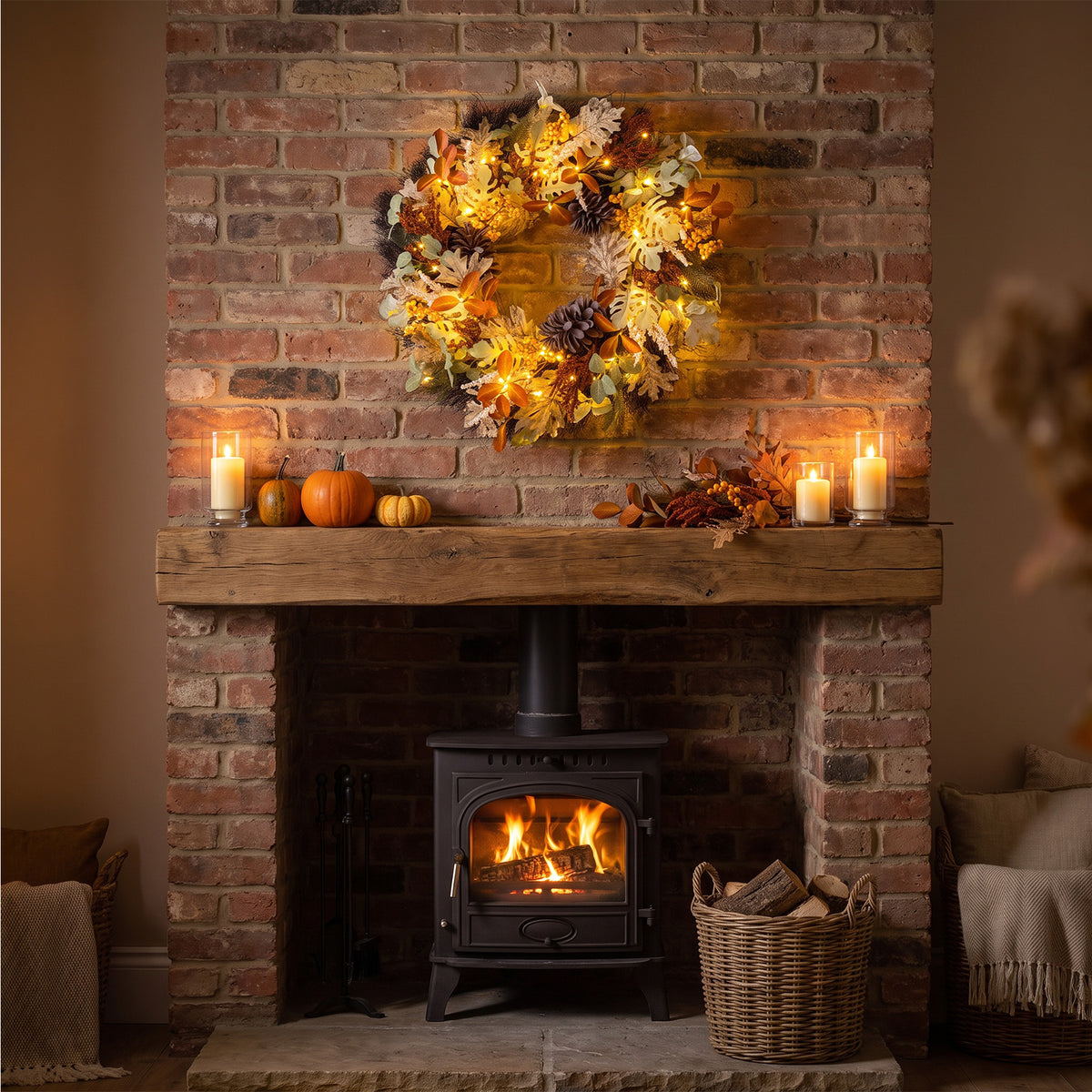 The Christmas Centre 26" Prelit Harvest Autumn Wreath with Warm White Battery Operated LED Lights