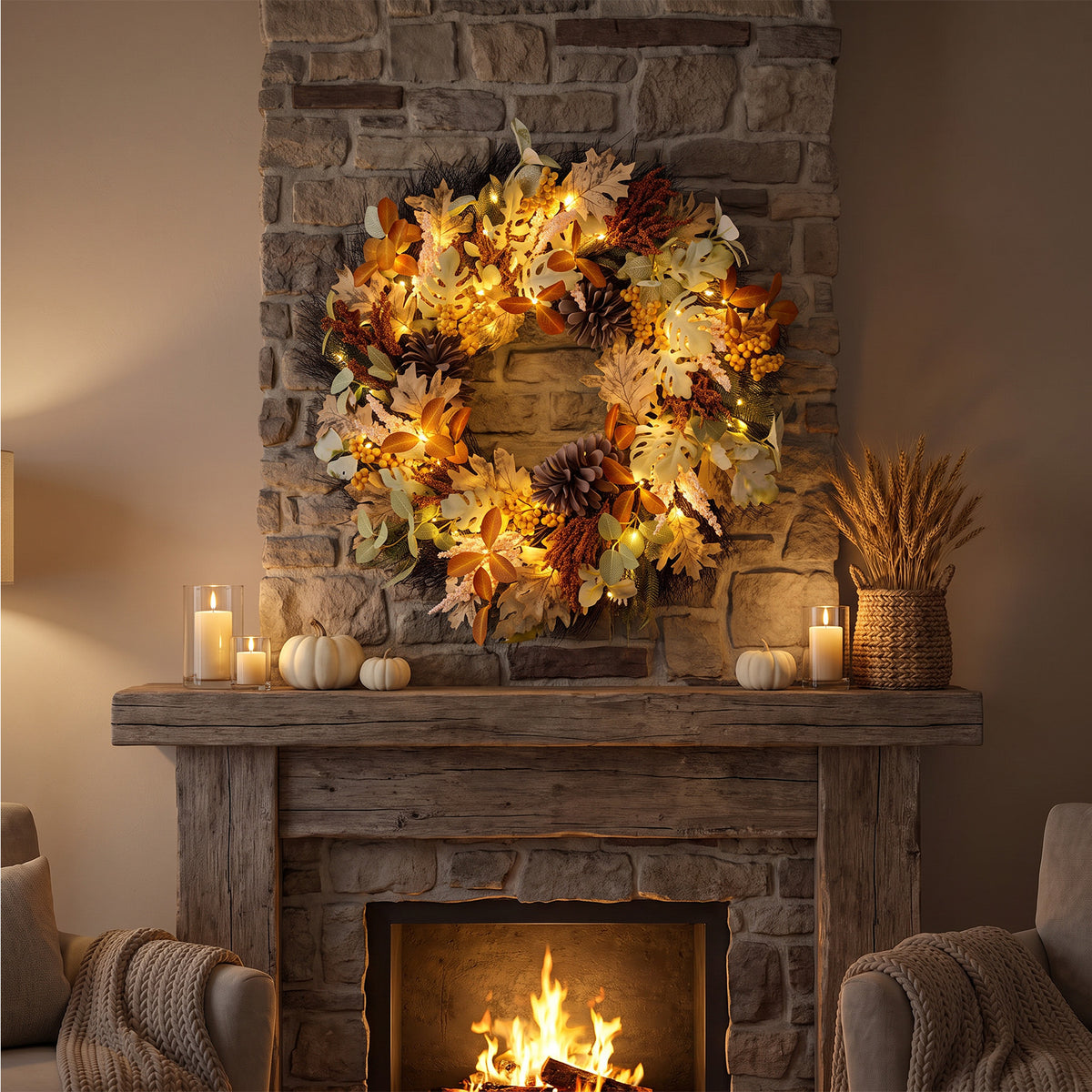 The Christmas Centre 26" Prelit Harvest Autumn Wreath with Warm White Battery Operated LED Lights