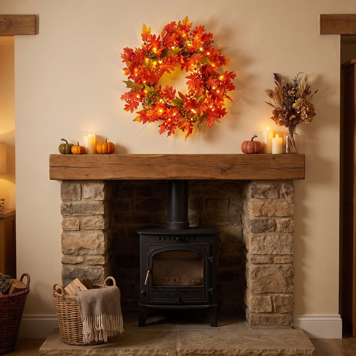 The Christmas Centre 26in Prelit Blaze Autumn Wreath with Warm White Battery Operated LED Lights