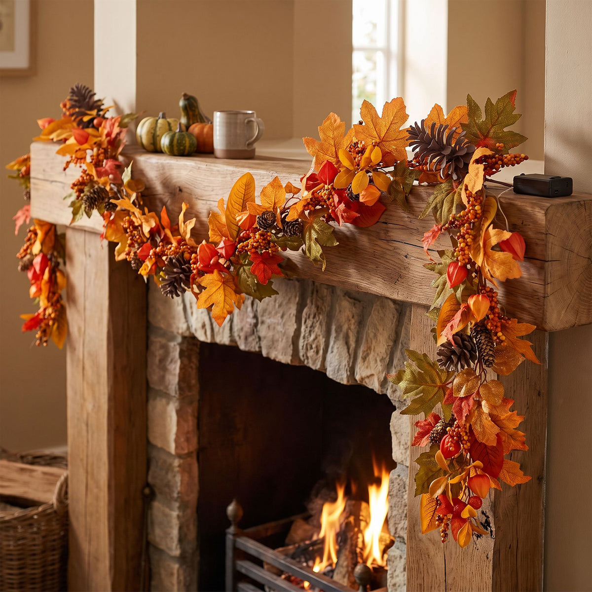 The Christmas Centre 6ft Prelit Fireside Autumn Garland with Warm White Battery Operated LED Lights