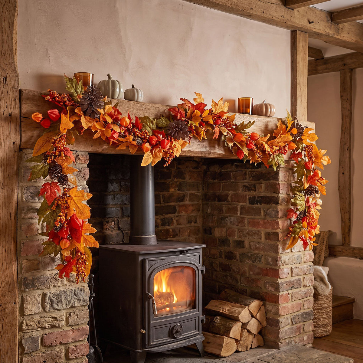 The Christmas Centre 6ft Prelit Fireside Autumn Garland with Warm White Battery Operated LED Lights