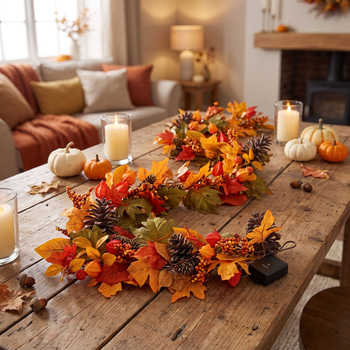 The Christmas Centre 6ft Prelit Fireside Autumn Garland with Warm White Battery Operated LED Lights