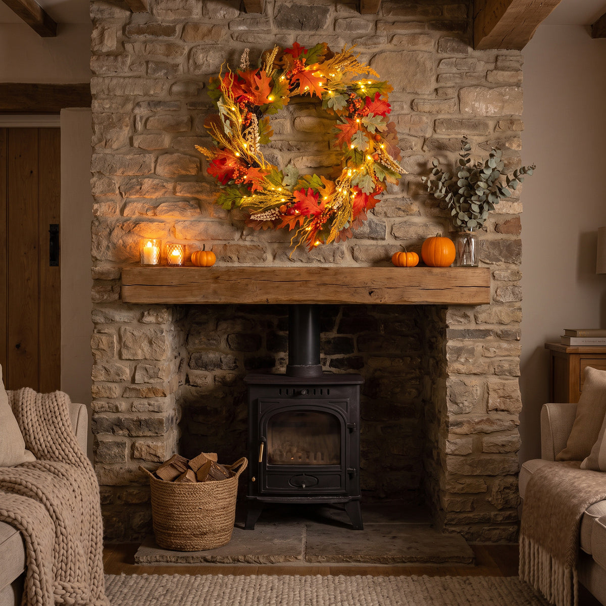 The Christmas Centre 26in Prelit Woodland Autumn Wreath with Warm White Battery Operated LED Lights