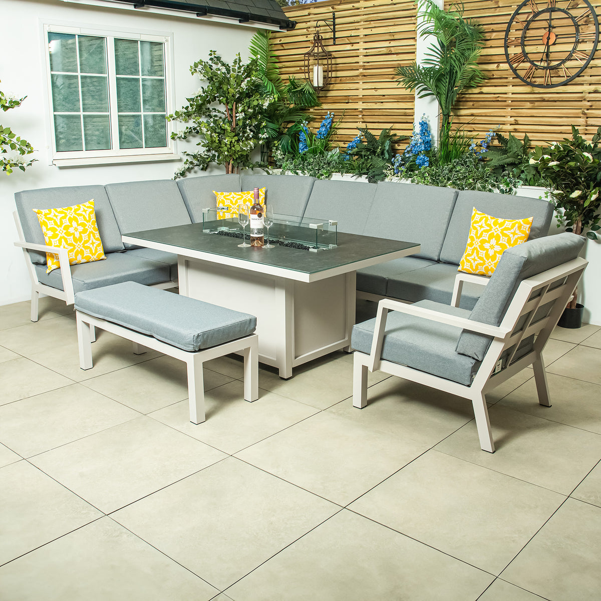Bracken Outdoors Miami Light Aluminium Rectangular Corner Set with Firepit Table, Bench and Arm Chair
