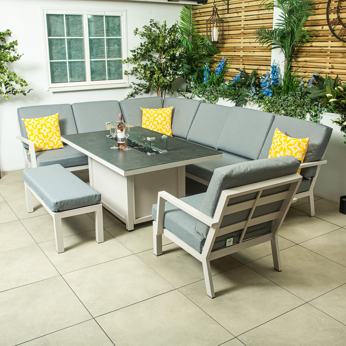 Bracken Outdoors Miami Light Aluminium Rectangular Corner Set with Firepit Table, Bench and Arm Chair