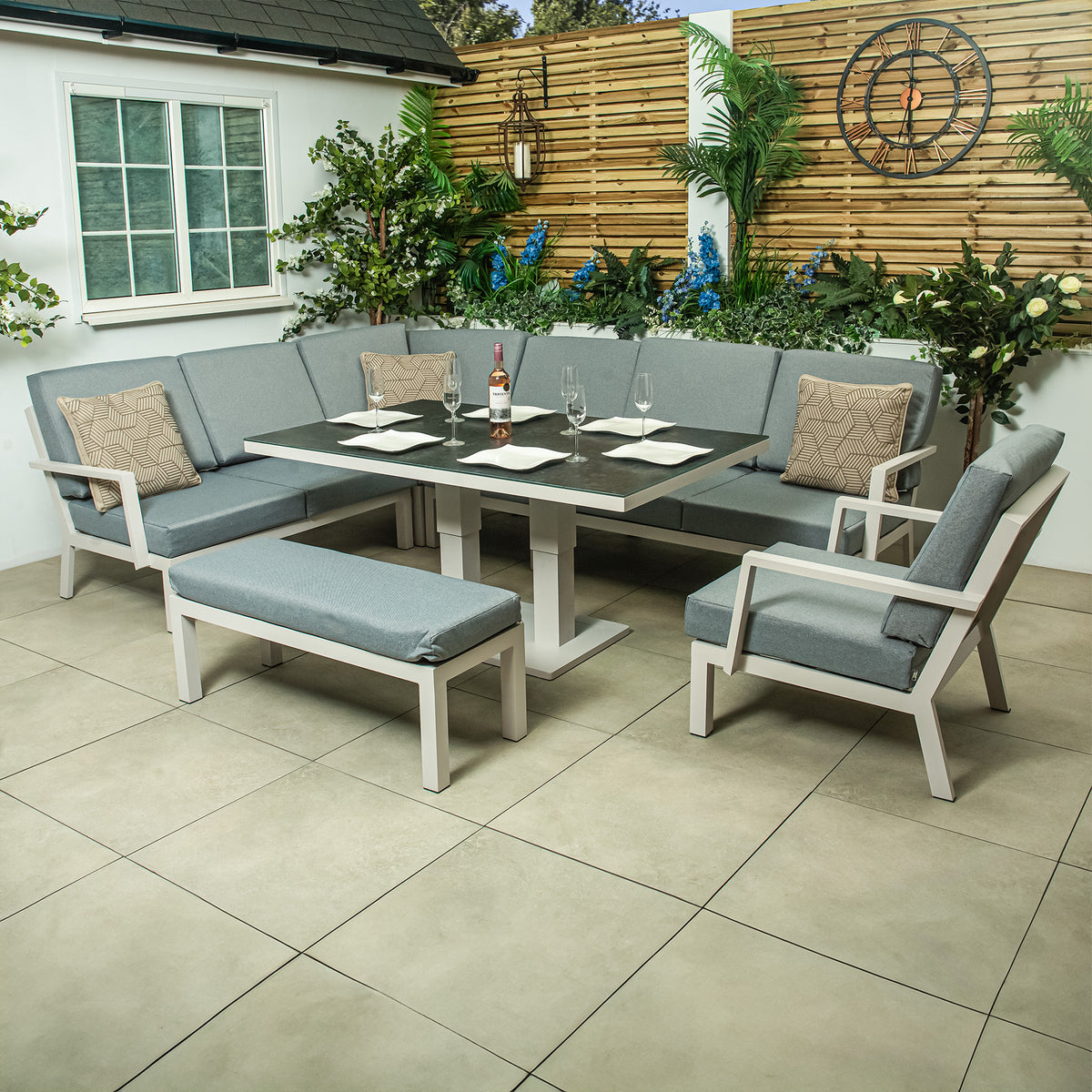 Bracken Outdoors Miami Light Aluminium Rectangular Corner Set with Adjustable Table Bench and Armchair