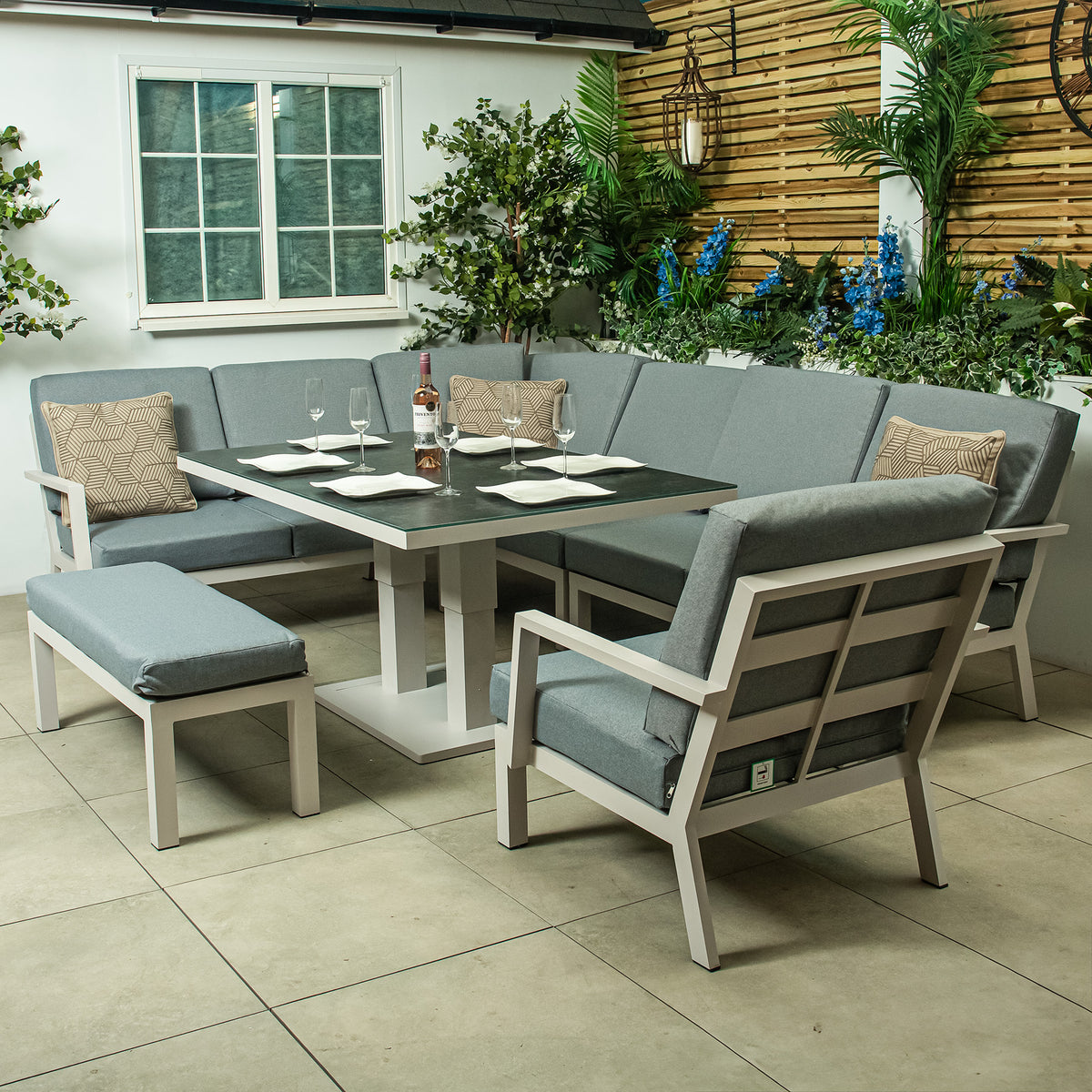 Bracken Outdoors Miami Light Aluminium Rectangular Corner Set with Adjustable Table Bench and Armchair