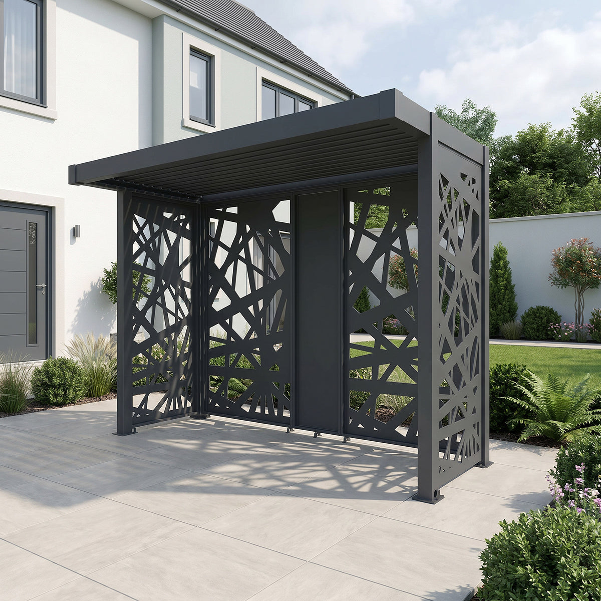 Bracken Outdoors Grey Aluminium BBQ Pergola with Spindle Laser Cut Privacy Panels