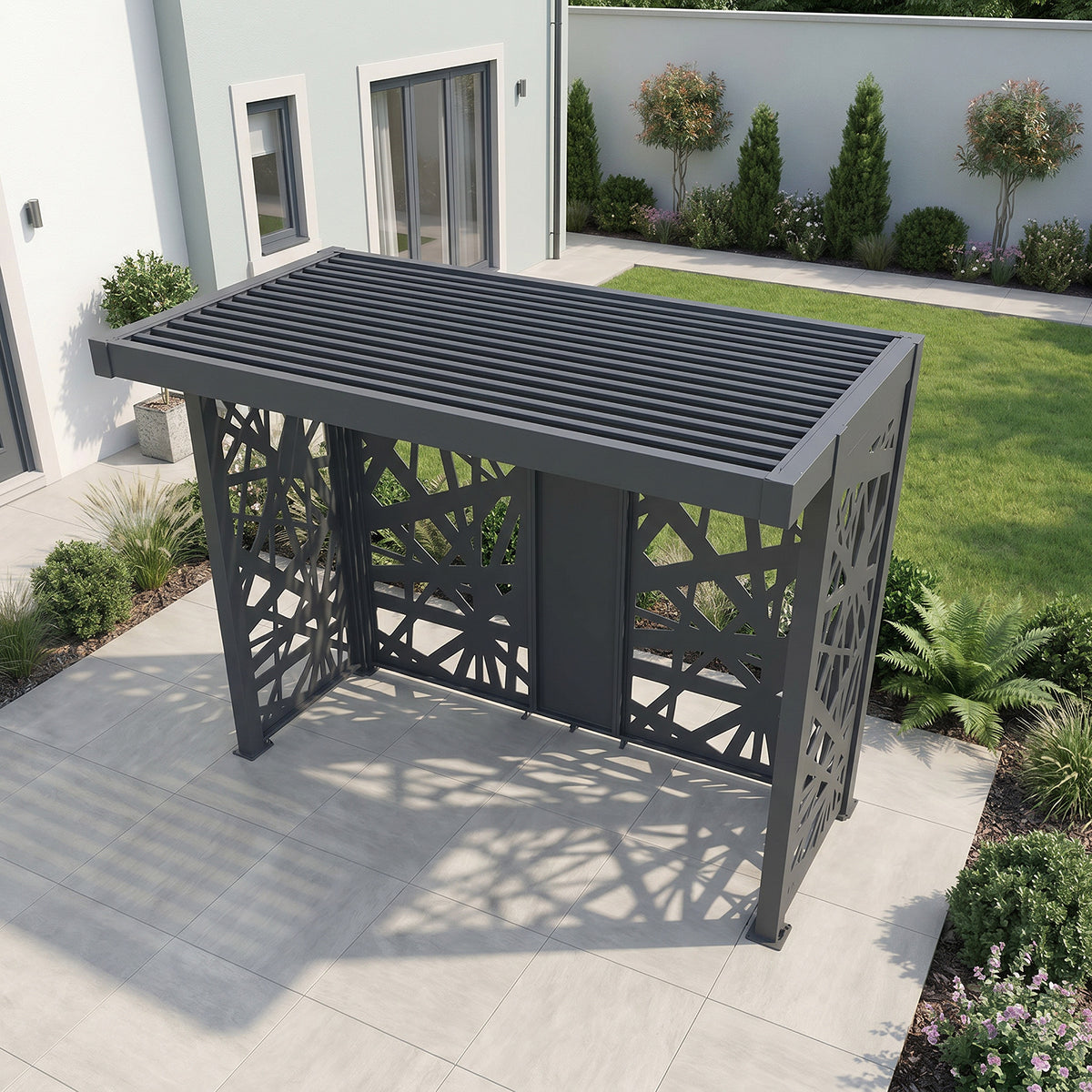 Bracken Outdoors Grey Aluminium BBQ Pergola with Spindle Laser Cut Privacy Panels