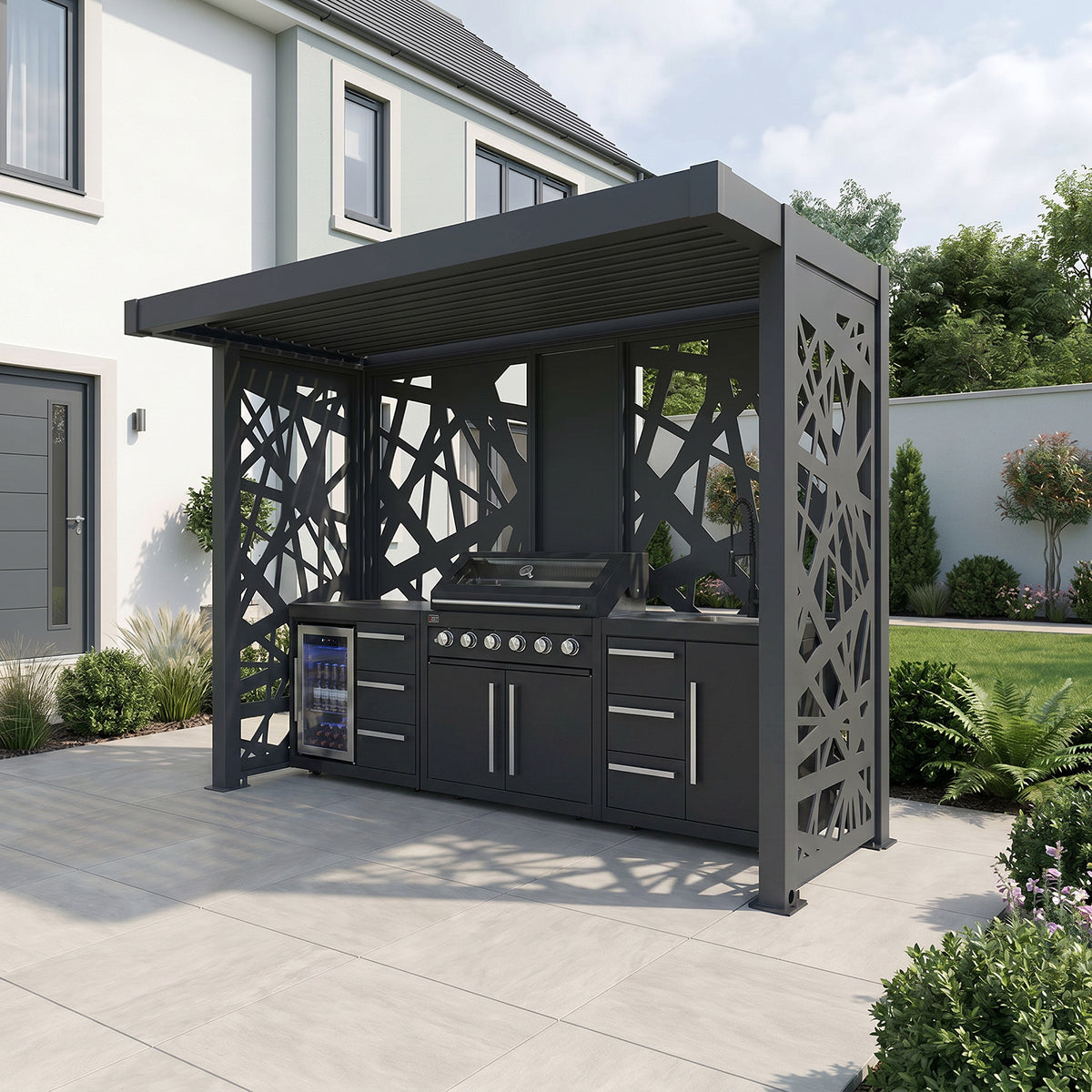 Bracken Outdoors Grey Aluminium BBQ Pergola with Spindle Laser Cut Privacy Panels