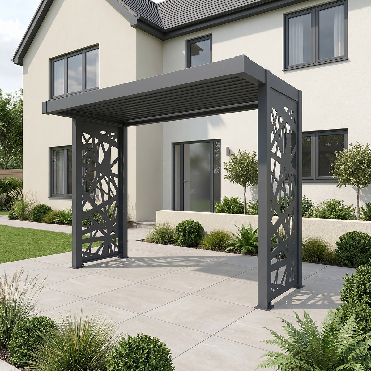 Bracken Outdoors Grey Aluminium BBQ Pergola with Spindle Laser Cut Privacy Panels