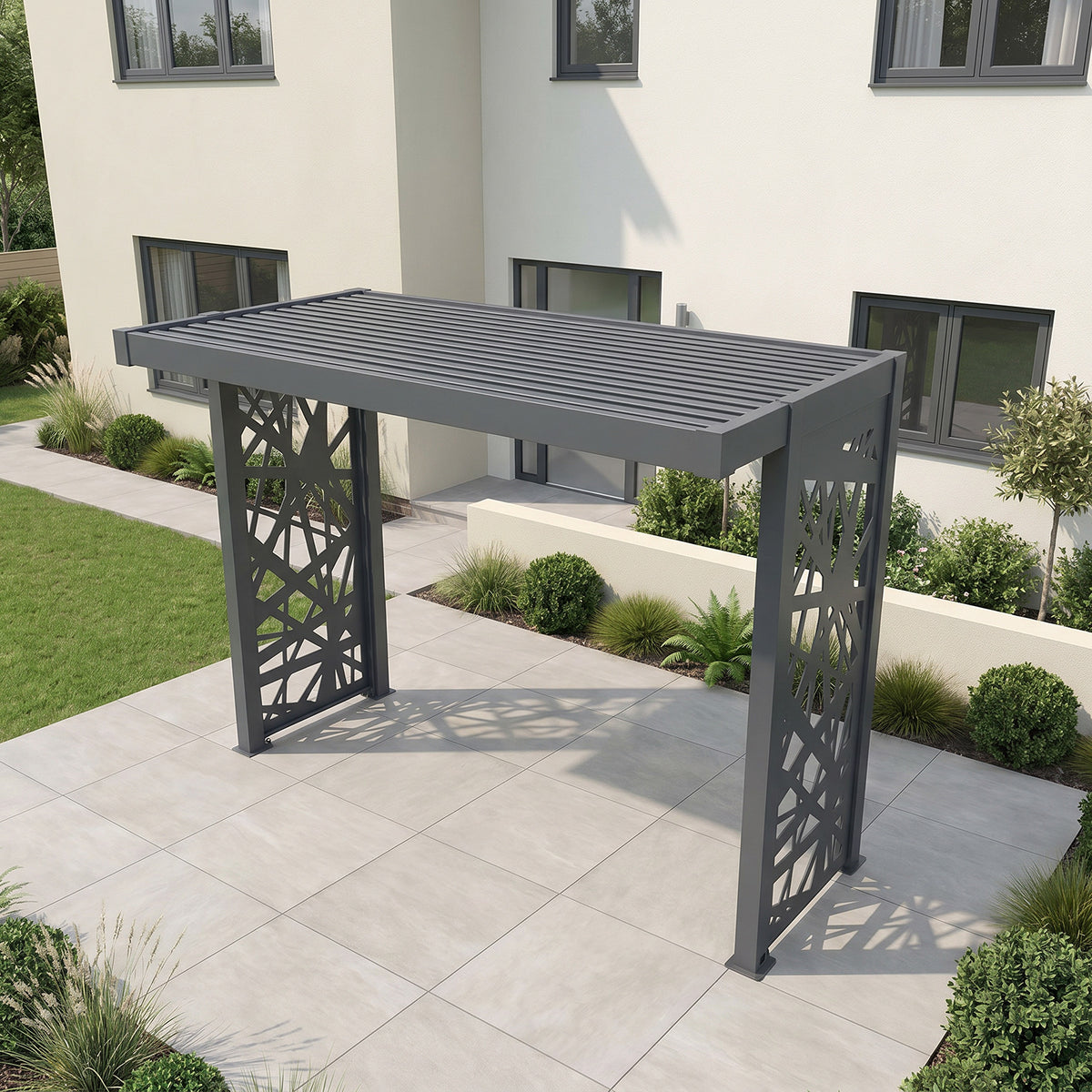 Bracken Outdoors Grey Aluminium BBQ Pergola with Spindle Laser Cut Privacy Panels