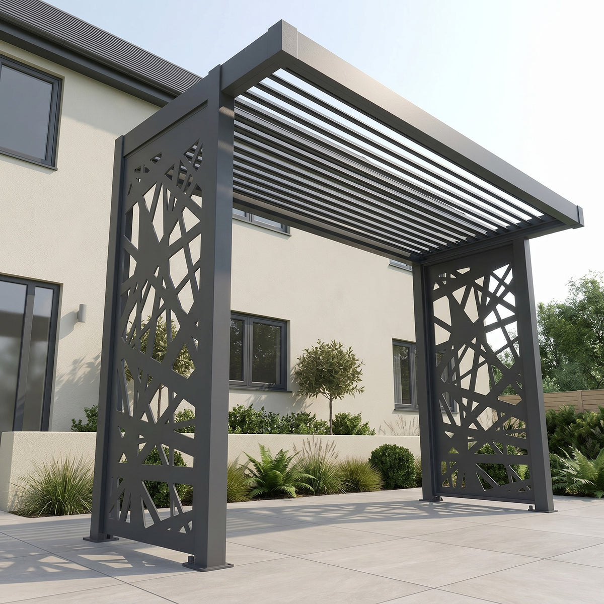 Bracken Outdoors Grey Aluminium BBQ Pergola with Spindle Laser Cut Privacy Panels