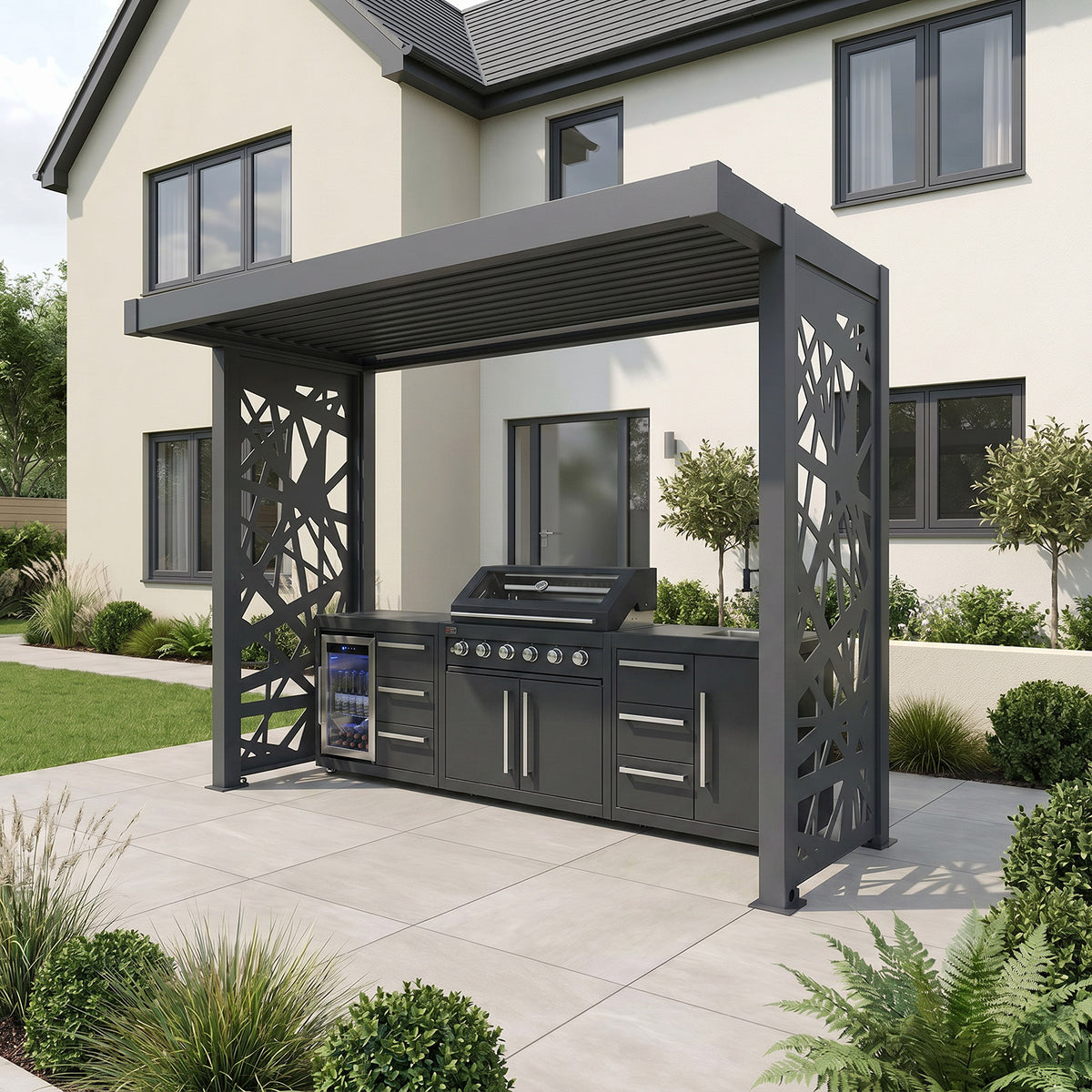 Bracken Outdoors Grey Aluminium BBQ Pergola with Spindle Laser Cut Privacy Panels