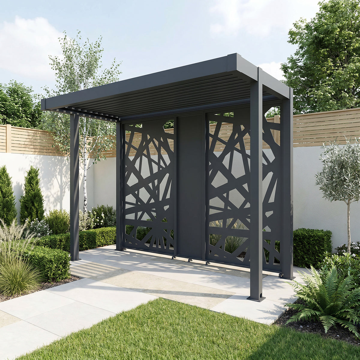 Bracken Outdoors Grey Aluminium BBQ Pergola with Spindle Laser Cut Privacy Panels