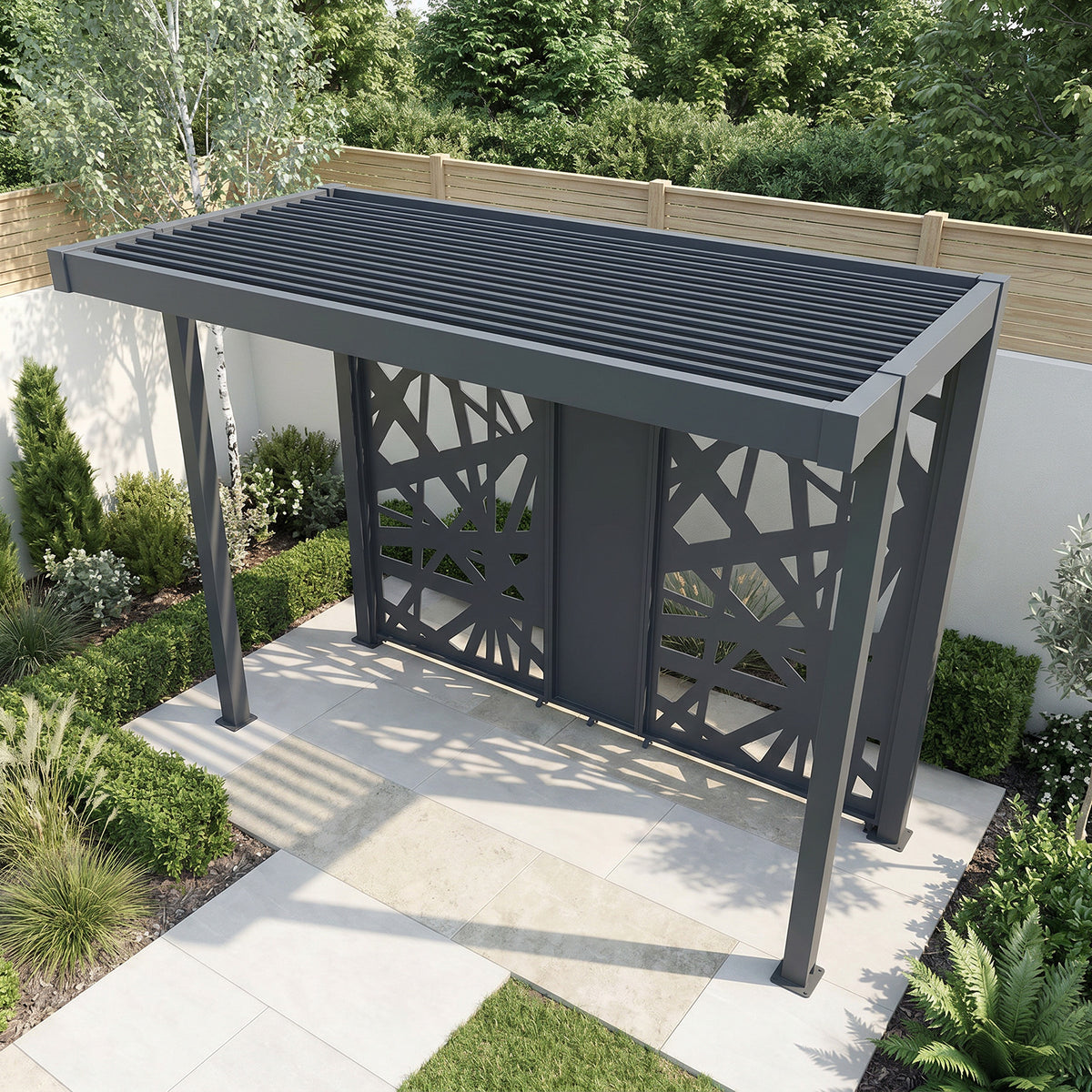 Bracken Outdoors Grey Aluminium BBQ Pergola with Spindle Laser Cut Privacy Panels