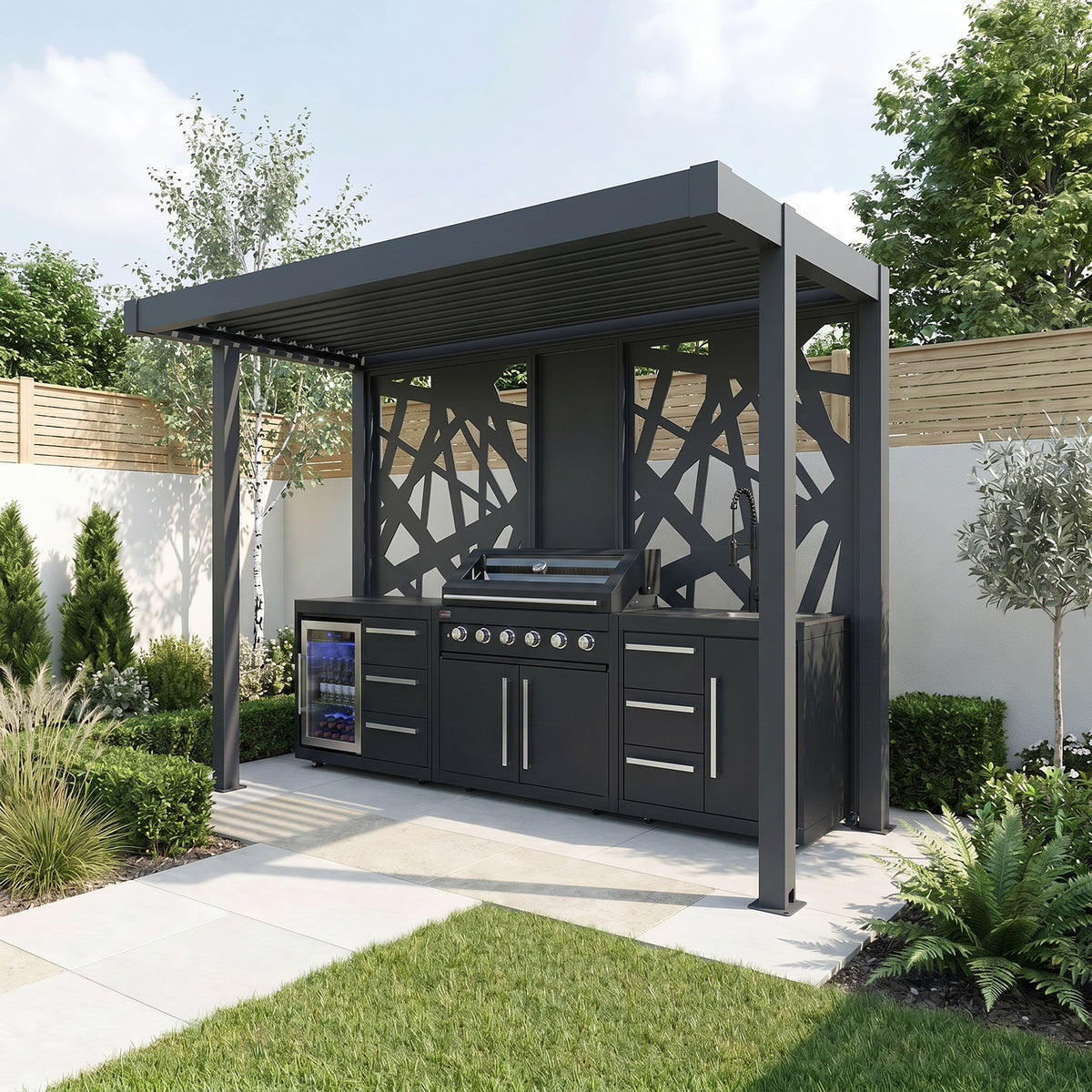 Bracken Outdoors Grey Aluminium BBQ Pergola with Spindle Laser Cut Privacy Panels