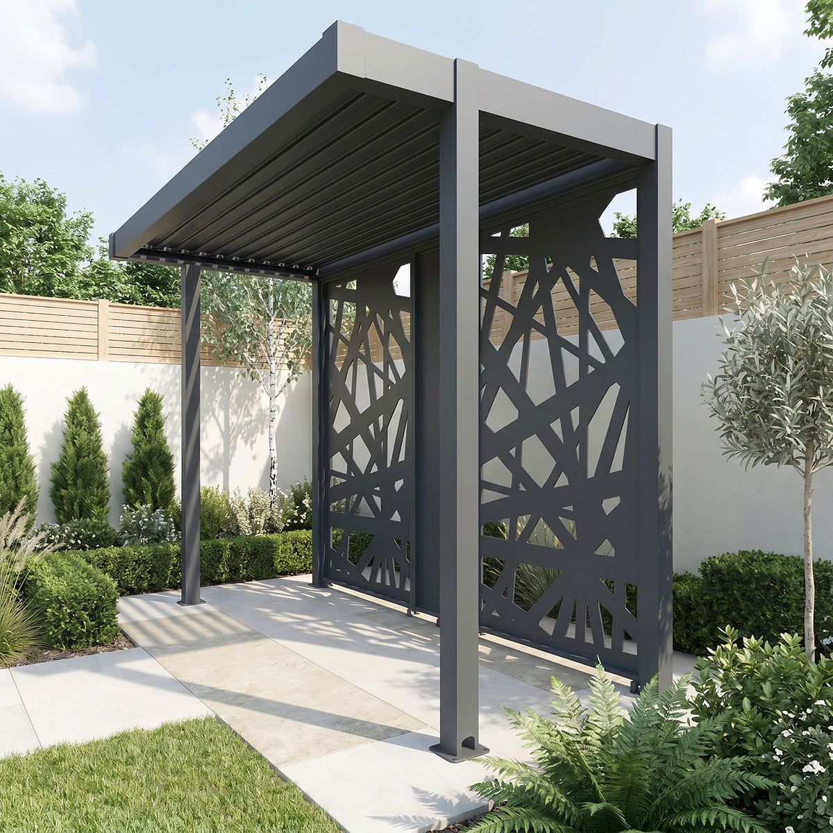 Bracken Outdoors Grey Aluminium BBQ Pergola with Spindle Laser Cut Privacy Panels