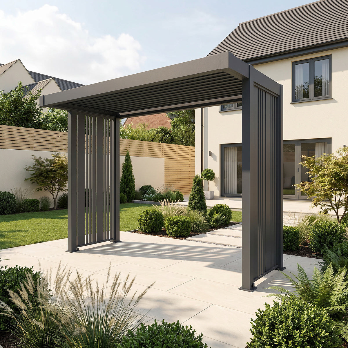Bracken Outdoors Grey Aluminium BBQ Pergola with Vario Slat Laser Cut Privacy Panels
