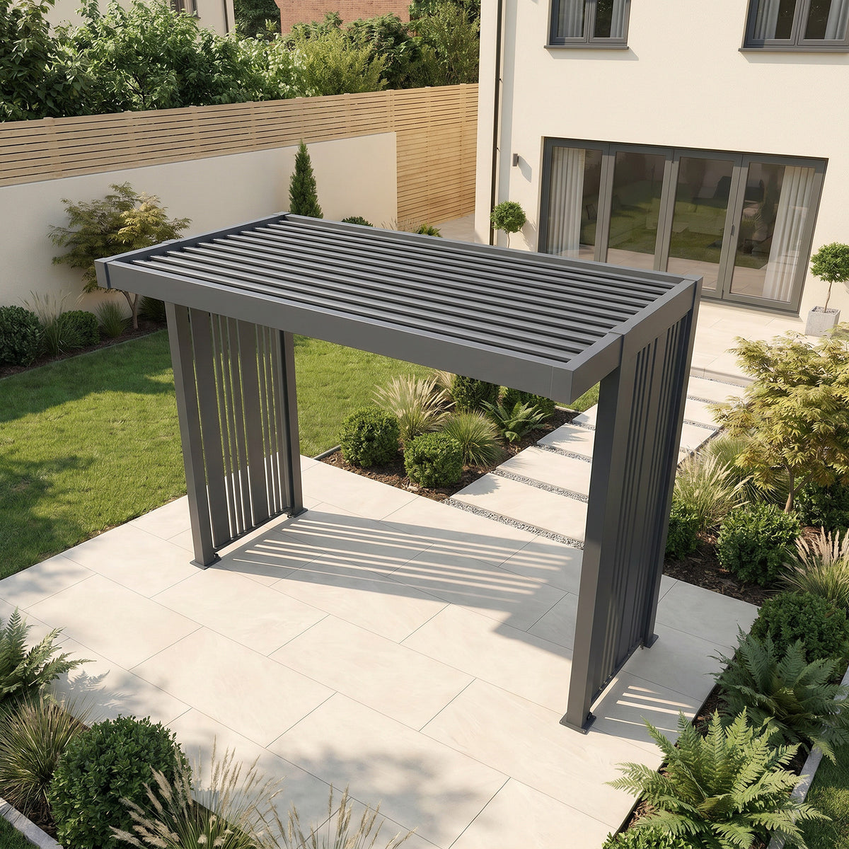 Bracken Outdoors Grey Aluminium BBQ Pergola with Vario Slat Laser Cut Privacy Panels