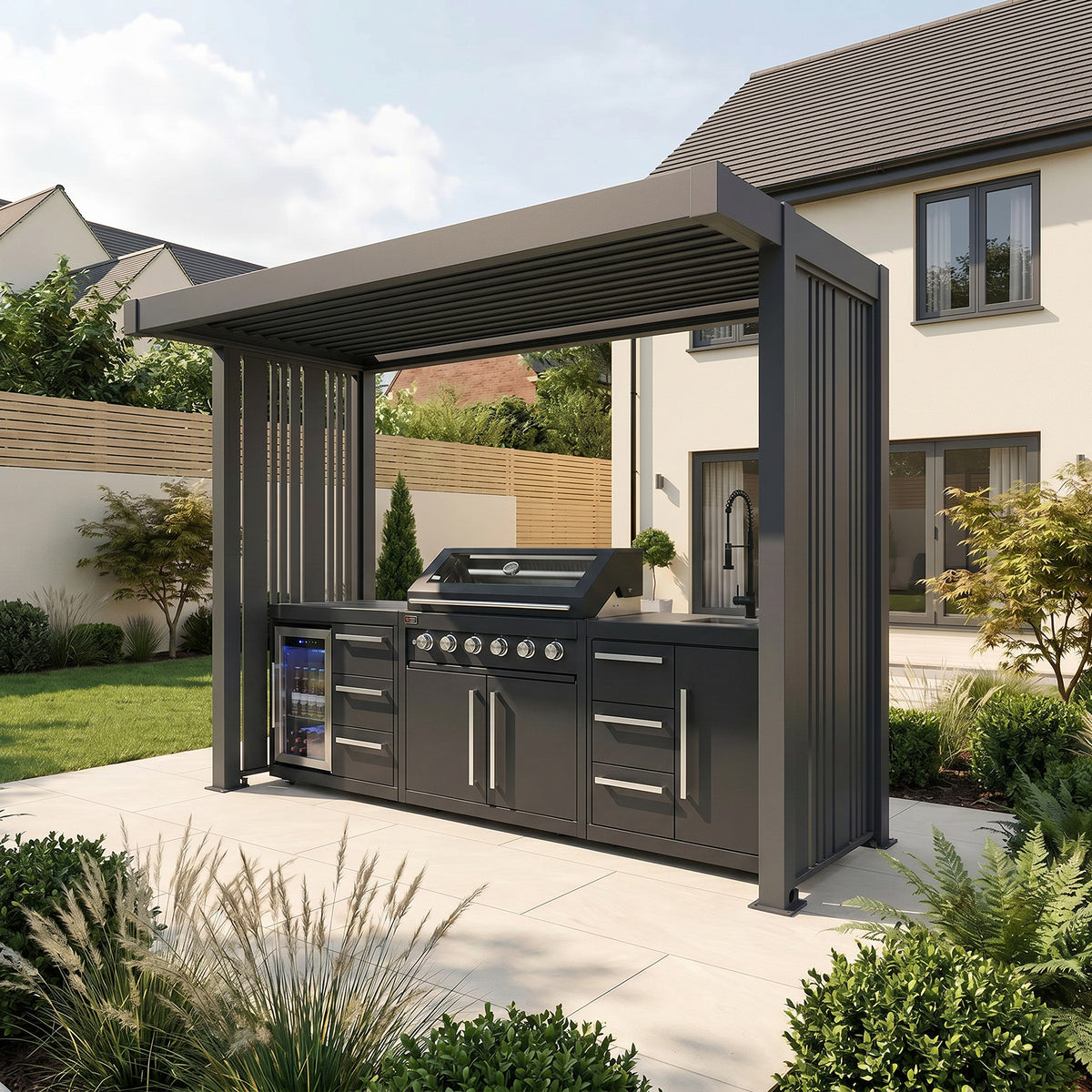 Bracken Outdoors Grey Aluminium BBQ Pergola with Vario Slat Laser Cut Privacy Panels