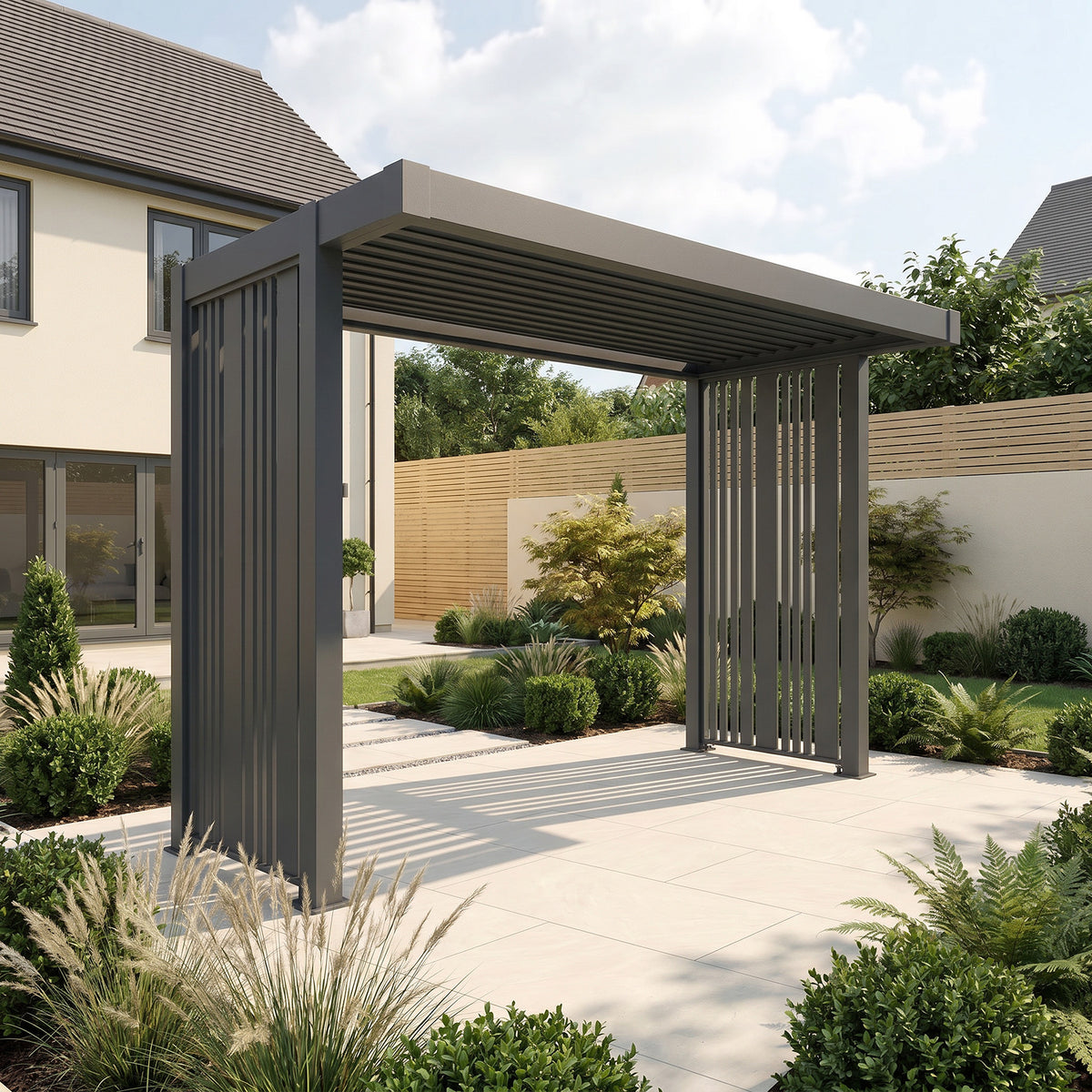 Bracken Outdoors Grey Aluminium BBQ Pergola with Vario Slat Laser Cut Privacy Panels
