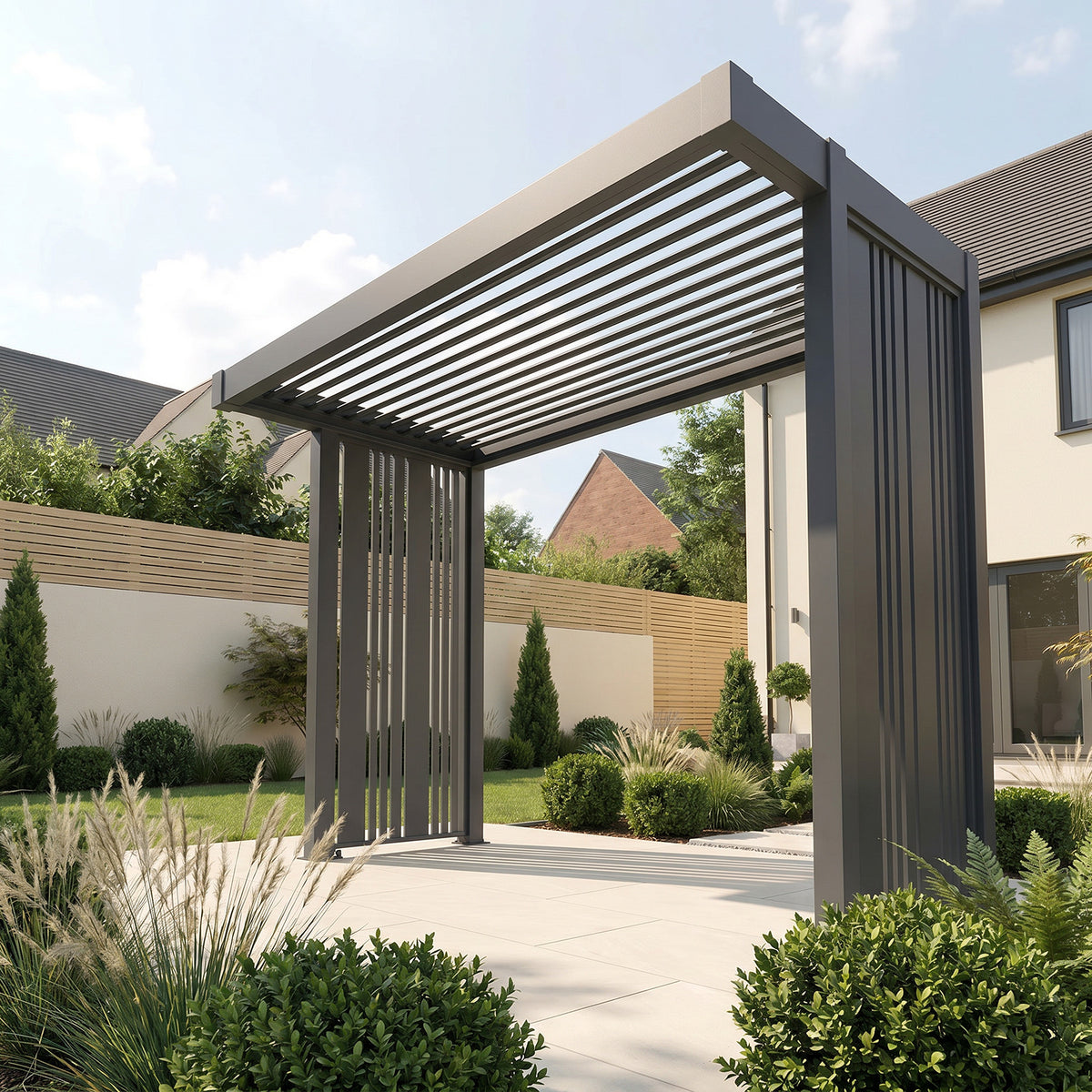 Bracken Outdoors Grey Aluminium BBQ Pergola with Vario Slat Laser Cut Privacy Panels
