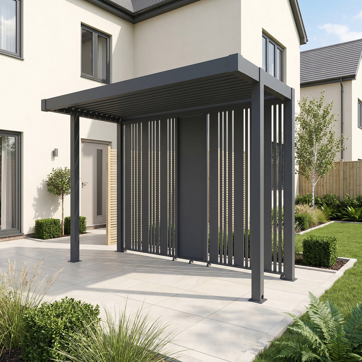 Bracken Outdoors Grey Aluminium BBQ Pergola with Vario Slat Laser Cut Privacy Panels
