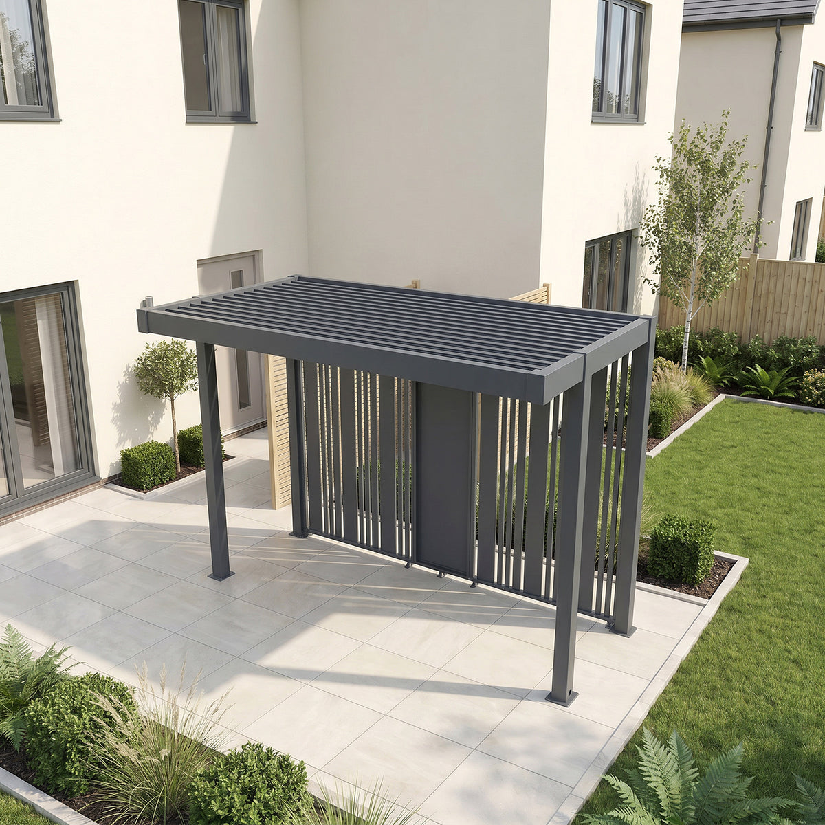 Bracken Outdoors Grey Aluminium BBQ Pergola with Vario Slat Laser Cut Privacy Panels