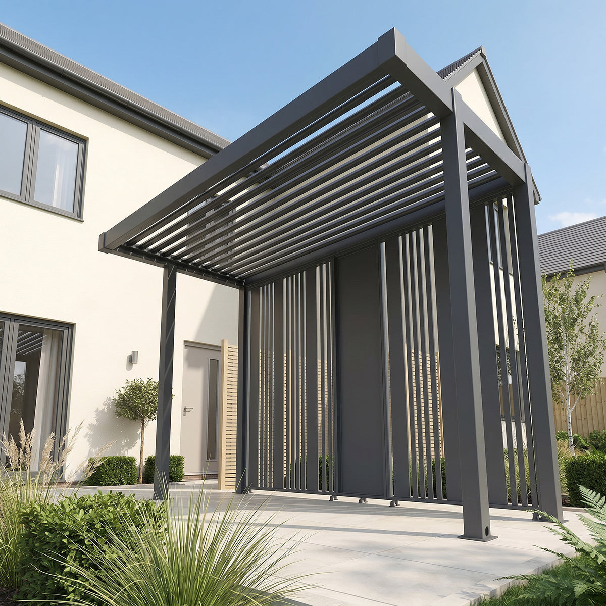 Bracken Outdoors Grey Aluminium BBQ Pergola with Vario Slat Laser Cut Privacy Panels