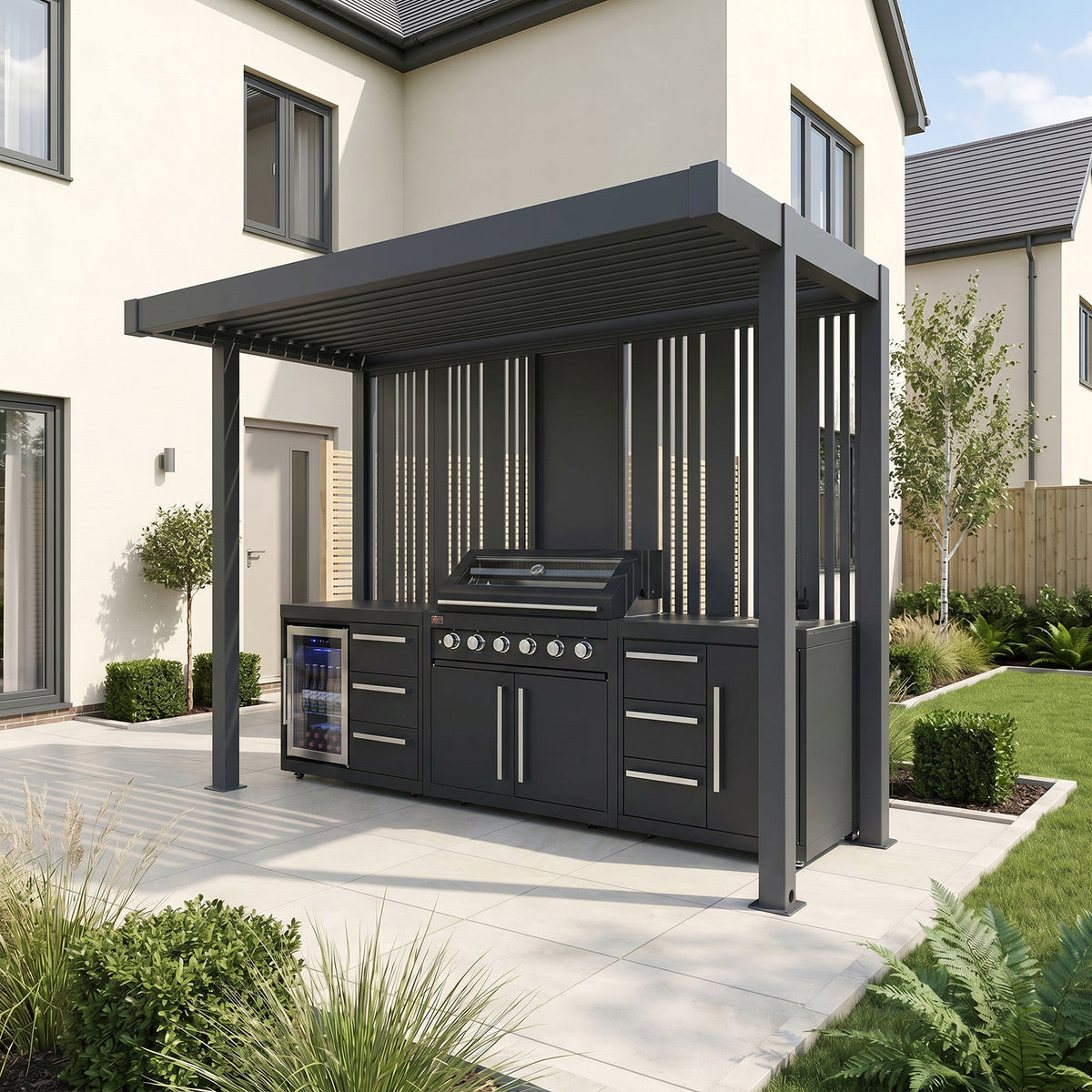 Bracken Outdoors Grey Aluminium BBQ Pergola with Vario Slat Laser Cut Privacy Panels