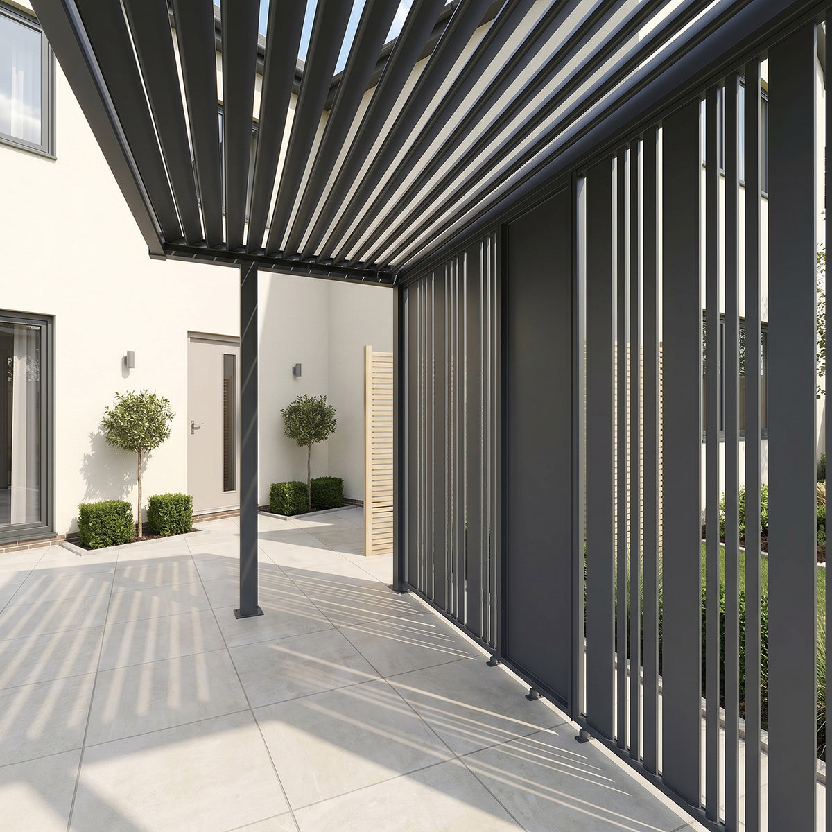 Bracken Outdoors Grey Aluminium BBQ Pergola with Vario Slat Laser Cut Privacy Panels