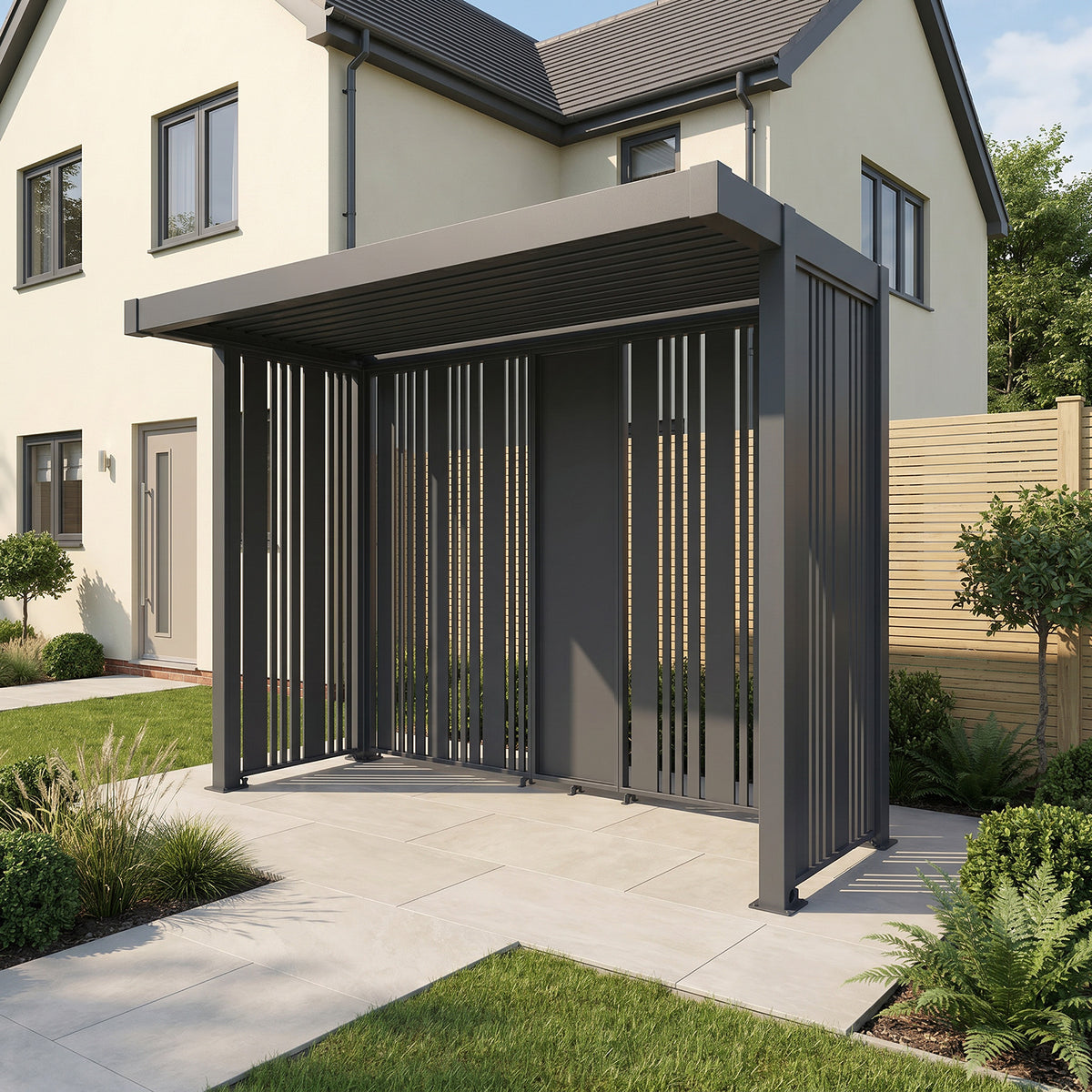 Bracken Outdoors Grey Aluminium BBQ Pergola with Vario Slat Laser Cut Privacy Panels