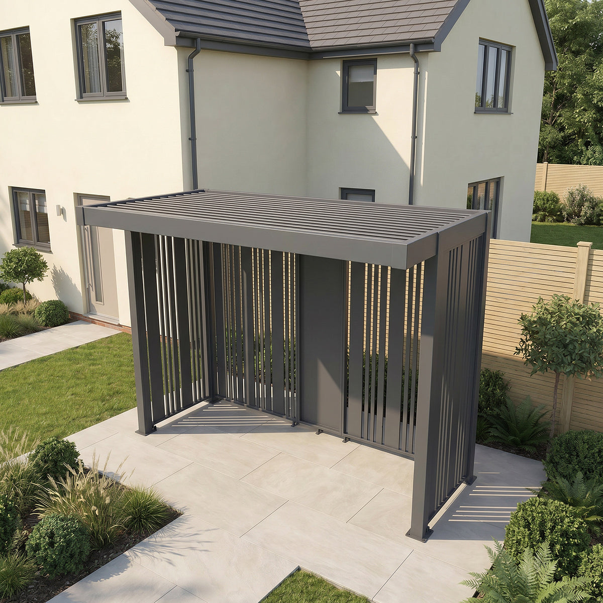 Bracken Outdoors Grey Aluminium BBQ Pergola with Vario Slat Laser Cut Privacy Panels