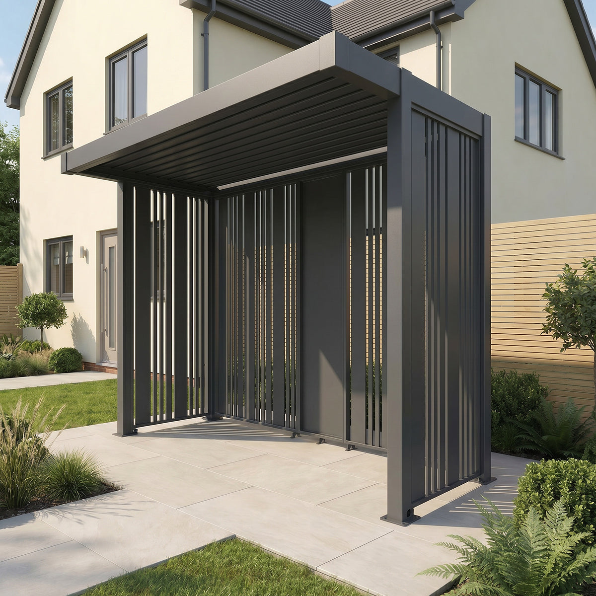 Bracken Outdoors Grey Aluminium BBQ Pergola with Vario Slat Laser Cut Privacy Panels